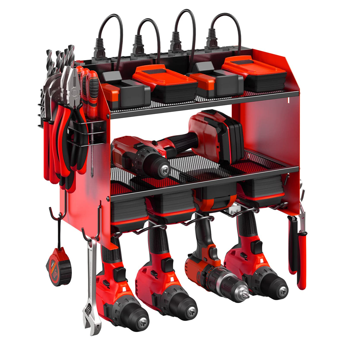 CCCEI wall mount power tool organizer front view keeps drills and chargers neatly stored