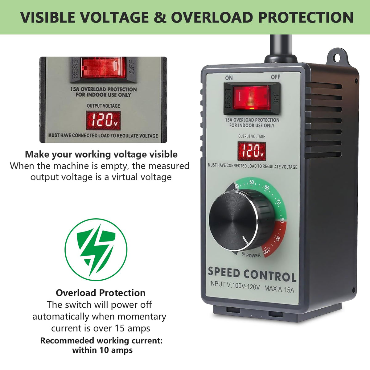 CDMALL AC motor speed controller wiring highlights a grounded plug for safe, reliable connections.