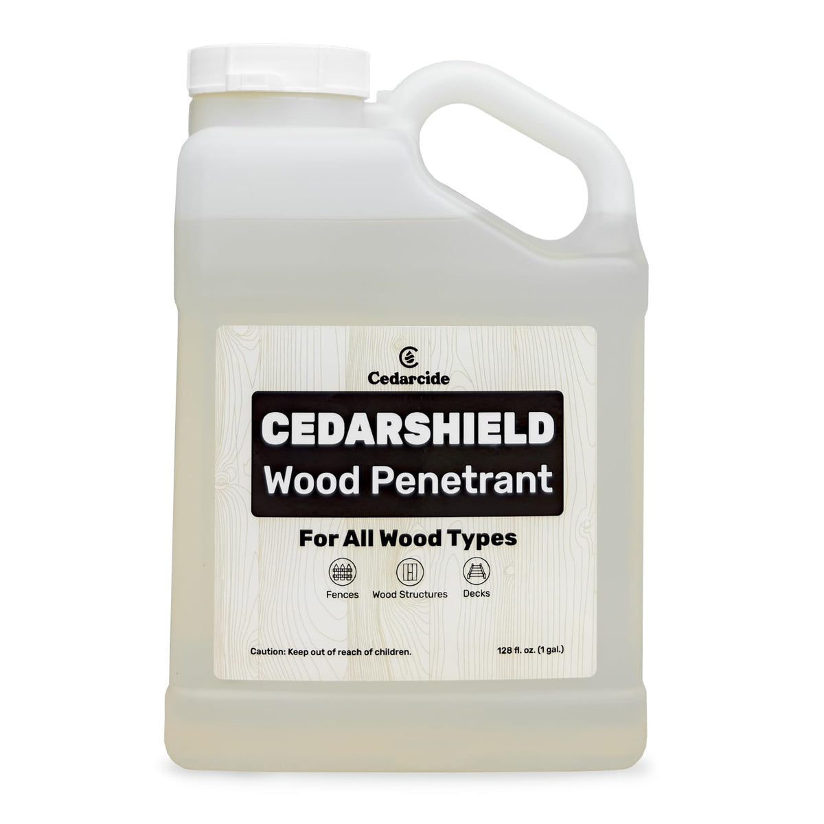 Cedarcide Cedarshield 1Gal bottle closeup, non-toxic wood treatment for durability.