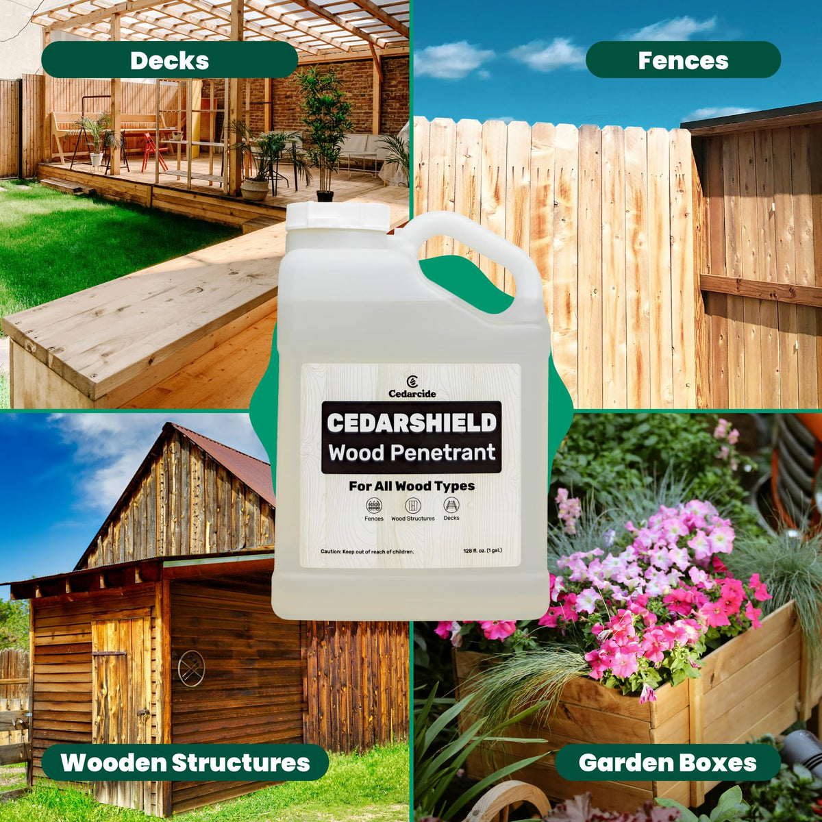 Cedarcide Cedarshield on deck wood creating a moisture barrier against weather.