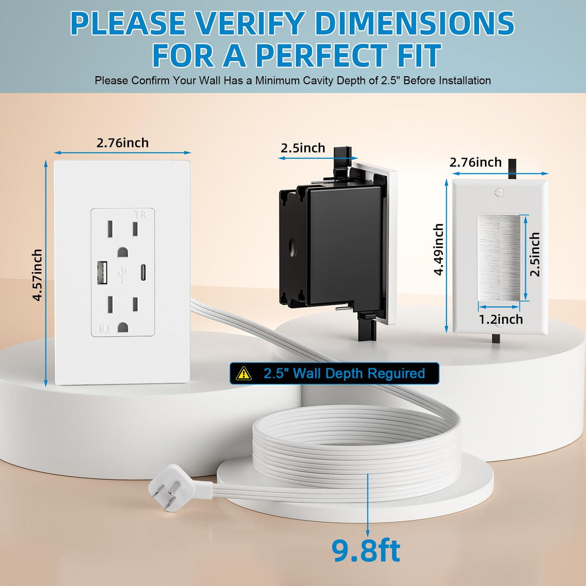 Celendor recessed outlet box with a 45-degree plug for a cleaner installation.