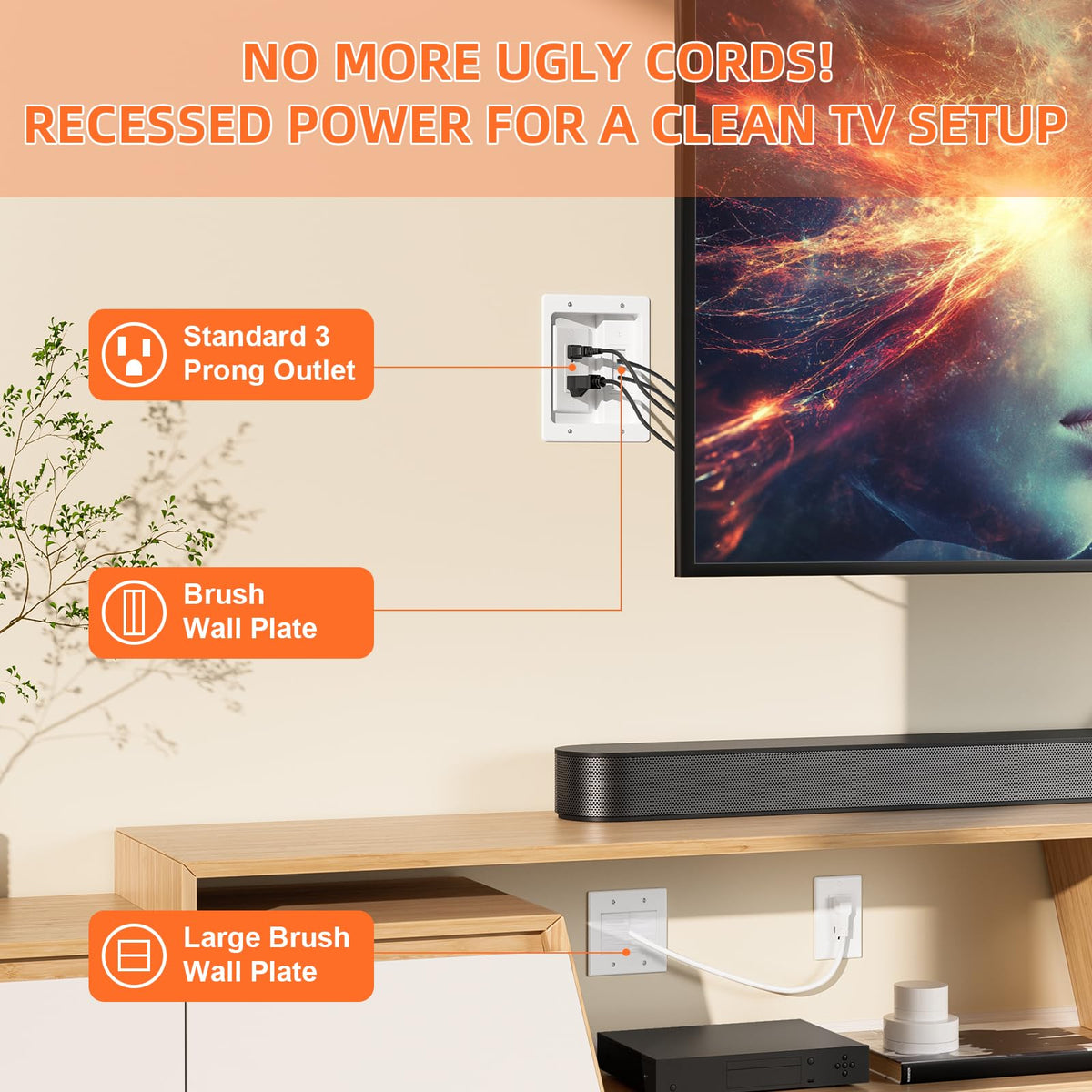 Celendor brush wall plate fits 100+ cables for versatile setups