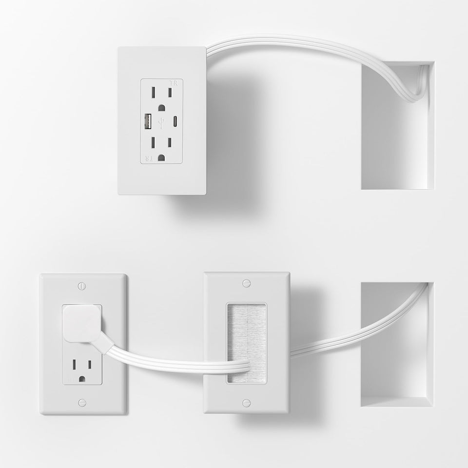 Celendor in-wall cable management kit behind a wall-mounted TV hides cords.