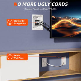 Celendor recessed outlet box provides flush integration behind a wall-mounted TV.