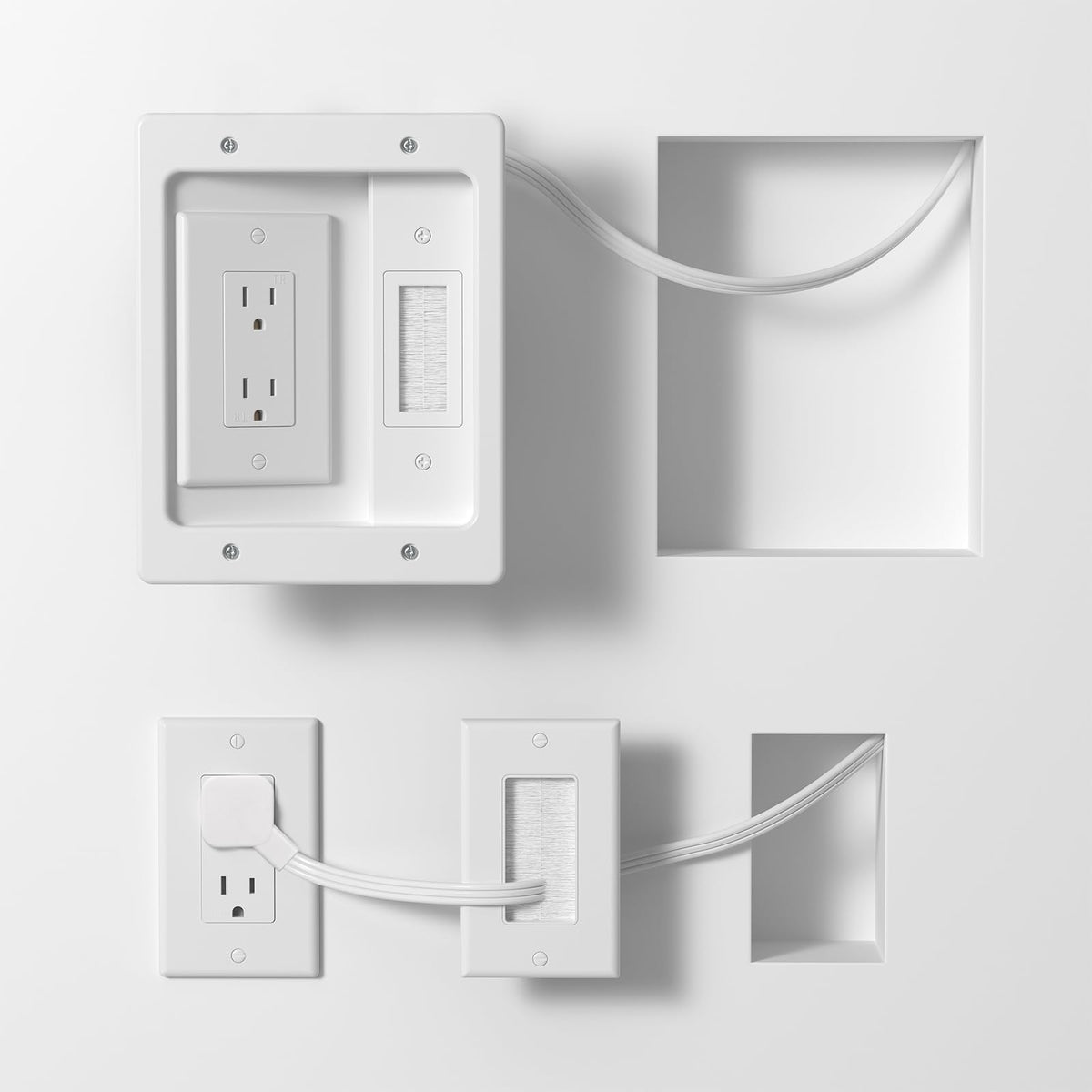 Celendor wall cable management kit with hidden wall plate for a clutter-free entertainment area.