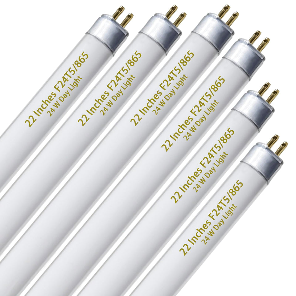 Celiwace 6-pack F24T5-865 bulbs for 22-inch fixtures provide steady full-spectrum output.
