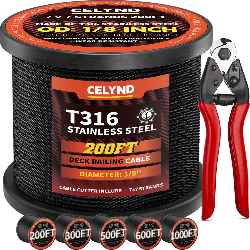 CELYND black stainless-steel cable coil for deck rail applications, offering durable marine-grade performance.