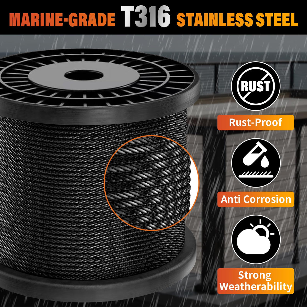 CELYND black stainless-steel cable close-up showing 7x7 braid strength and durability.