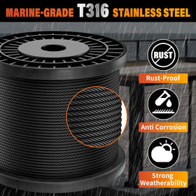 CELYND black stainless-steel cable close-up showing 7x7 braid strength and durability.