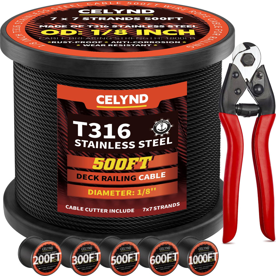 CELYND black stainless steel cable for deck railing with 500ft length for long installations.