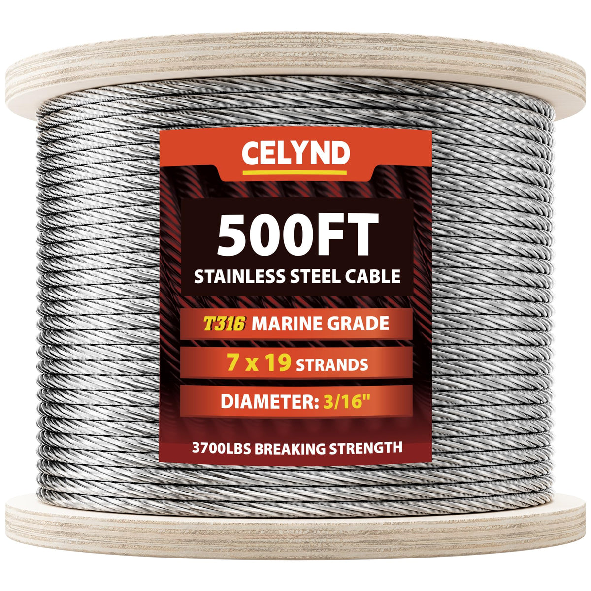 CELYND stainless steel railing cable, 500 ft length, 3/16 in, ideal for deck railing projects.