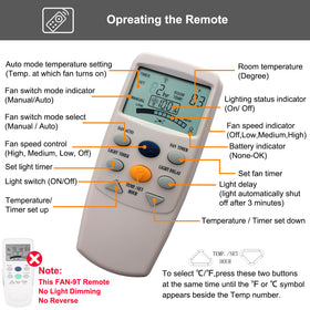CENMING FAN-9T remote LCD display shows temperature setting and mode.