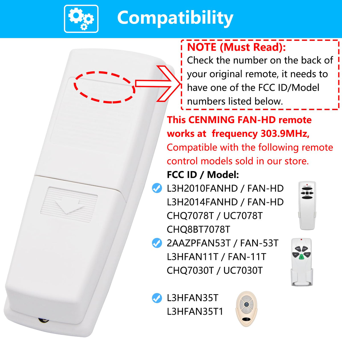 CENMING Fan-HD remote back view highlighting DIP switch pattern for pairing.