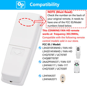 CENMING Fan-HD remote back view highlighting DIP switch pattern for pairing.
