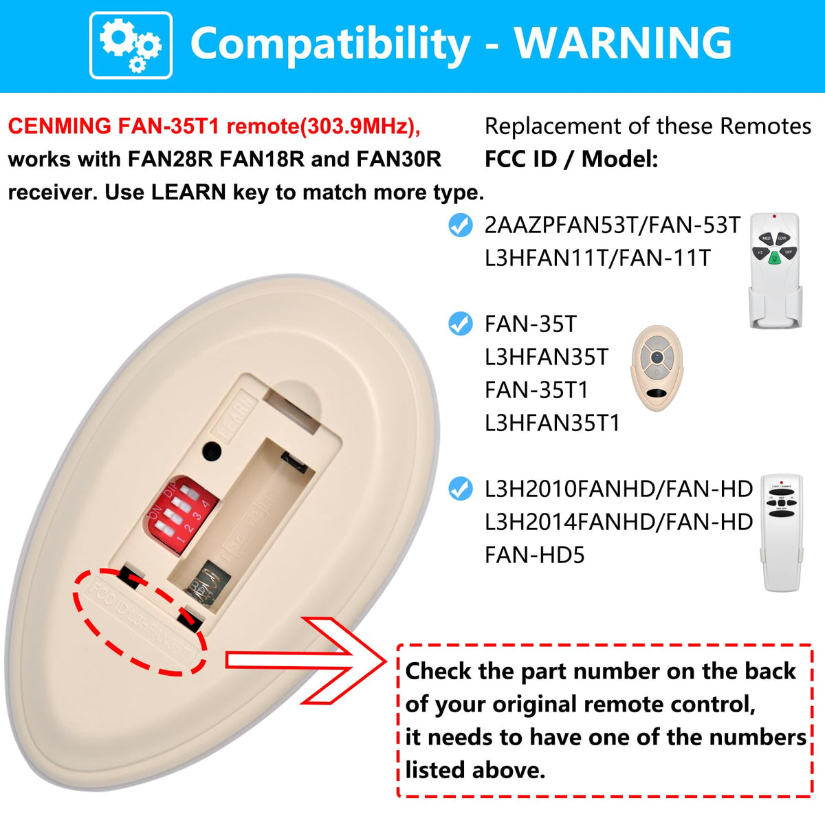 CENMING Learn key close-up enabling pairing with compatible receivers