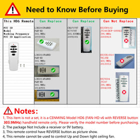 CENMING HD6 remote showing reverse button for fan direction control.