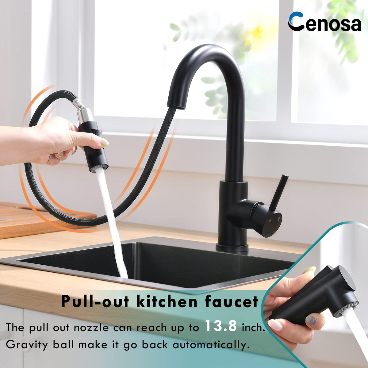 Cenosa 360-degree swivel bar faucet offers full sink reach.