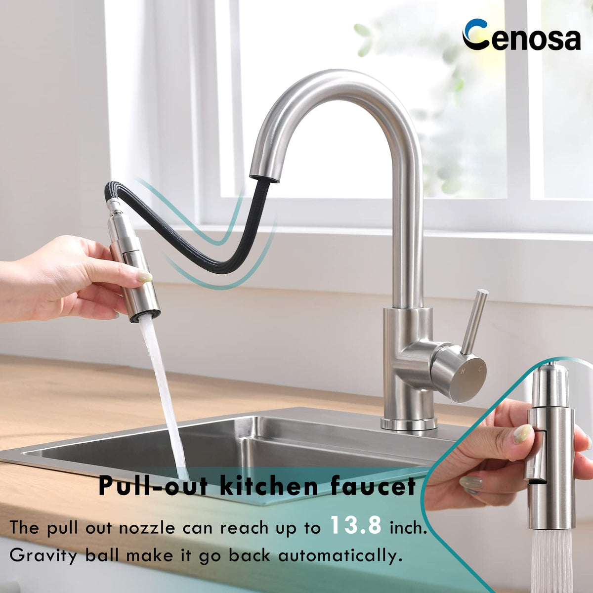 Cenosa faucet with 360-degree swivel spout for wide clearance