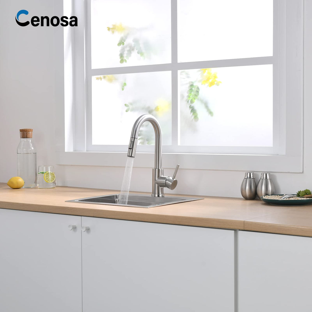 Cenosa brushed nickel finish adds modern, durable aesthetics