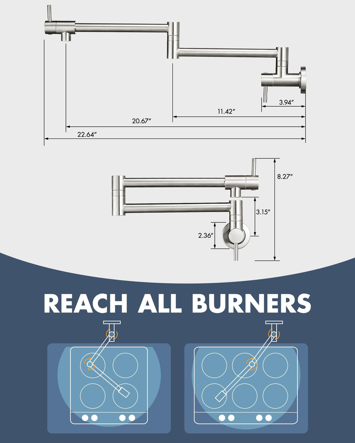 Cenosa wall mounted pot filler in brushed nickel ready for on stove filling