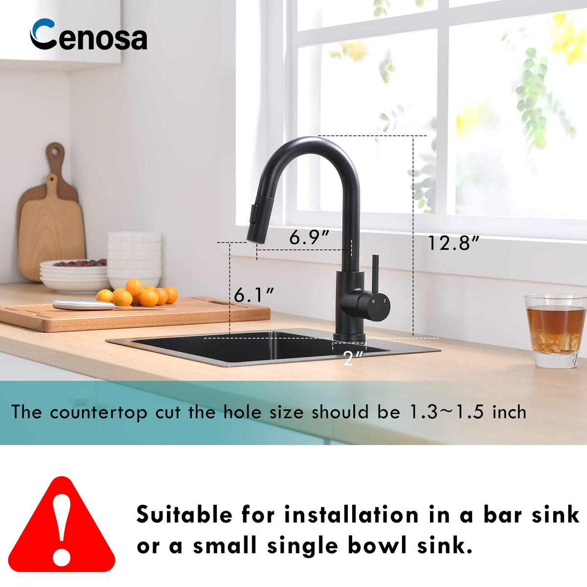 Cenosa pull-down sprayer in matte black shows versatile spray modes.
