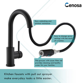 Cenosa 304 stainless steel faucet in matte black for lasting durability.