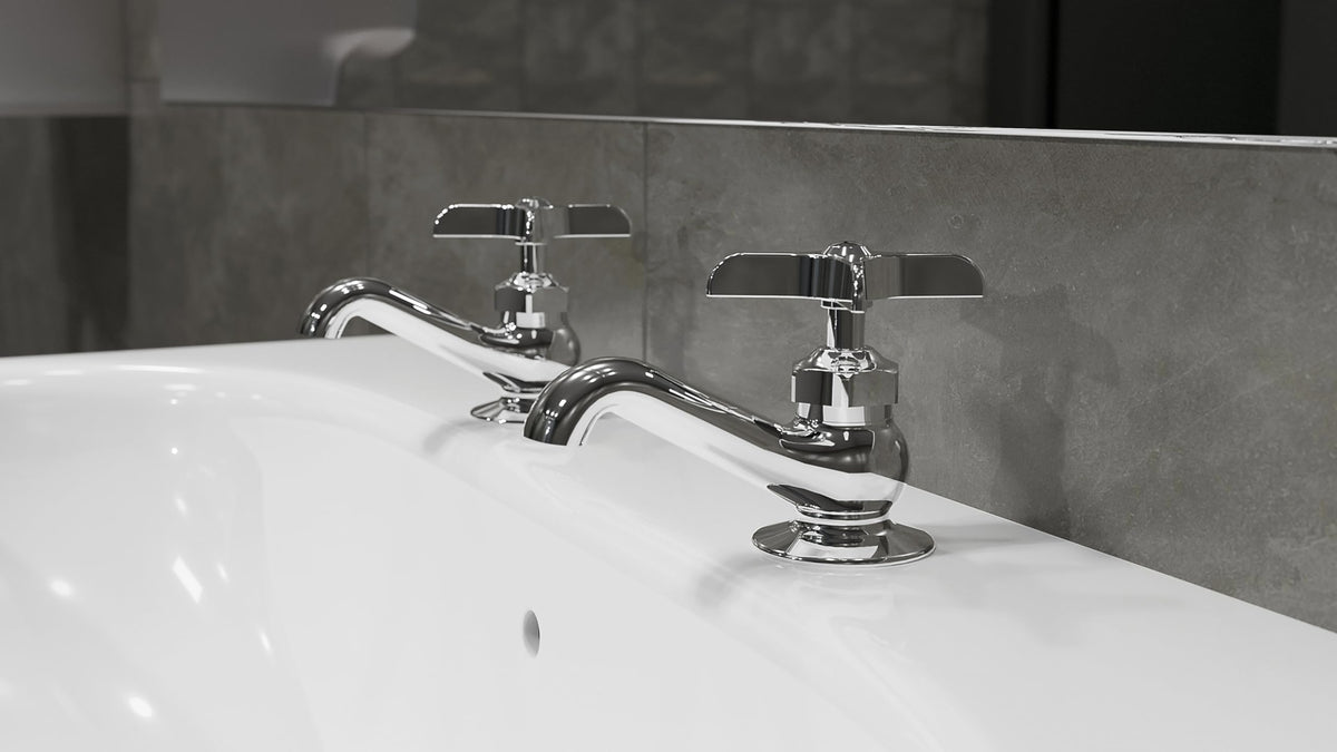 Central Brass 0239-P chrome faucet handle detail shows precise control cues.