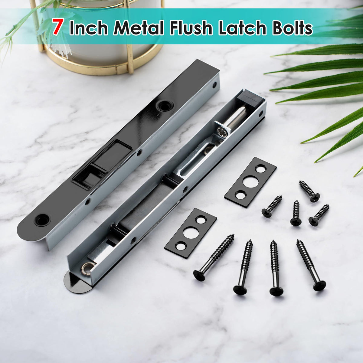 Ceoighe 7-inch flush bolt on double doors, top and bottom installation for stability.