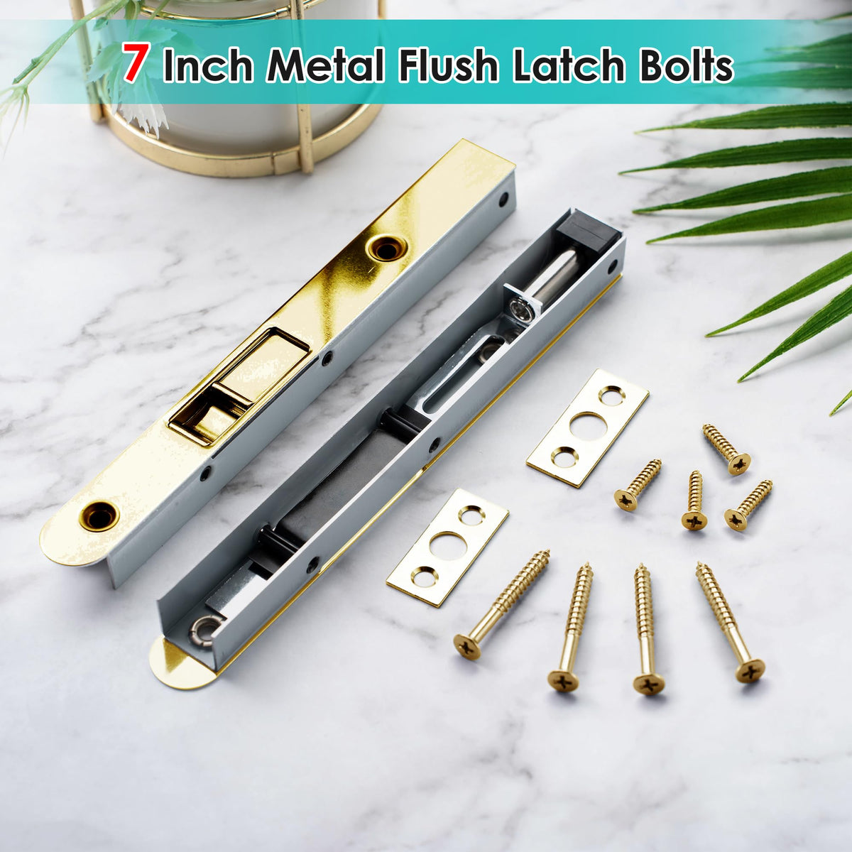 Ceoighe copper-plated flush bolt adds modern decorative touch to French doors.