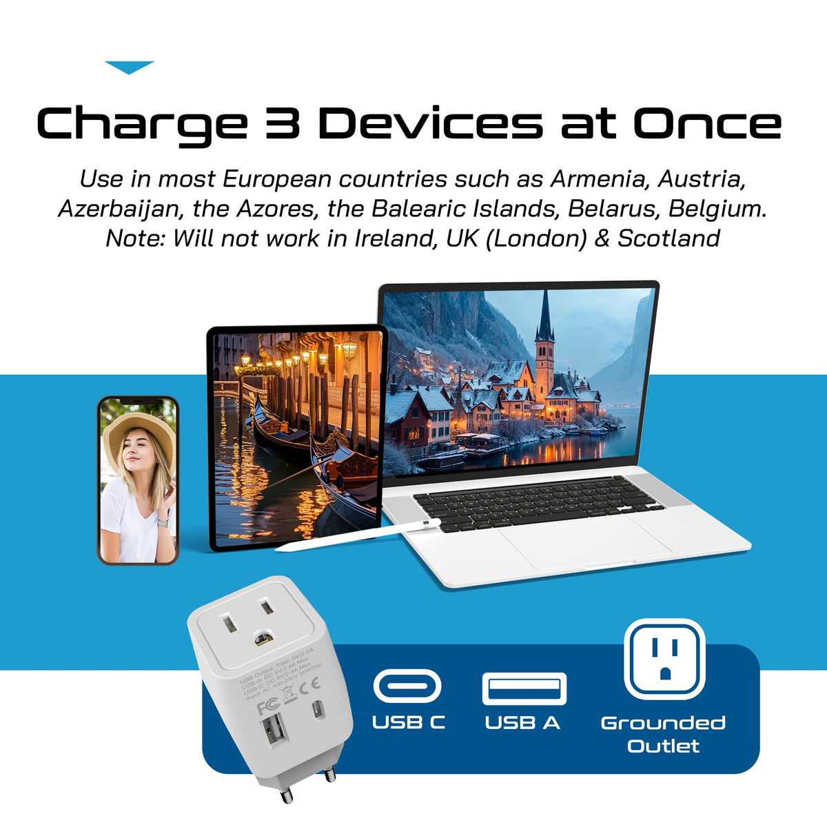 Ceptics dual-voltage ready adapter supports 100–240V devices worldwide