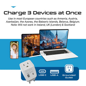 Ceptics dual-voltage ready adapter supports 100–240V devices worldwide