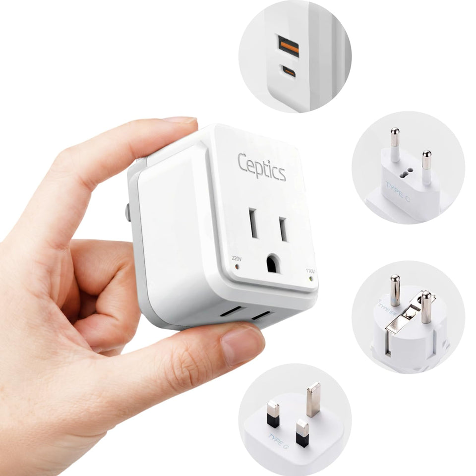 Ceptics compact European travel adapter ready for packing and travel