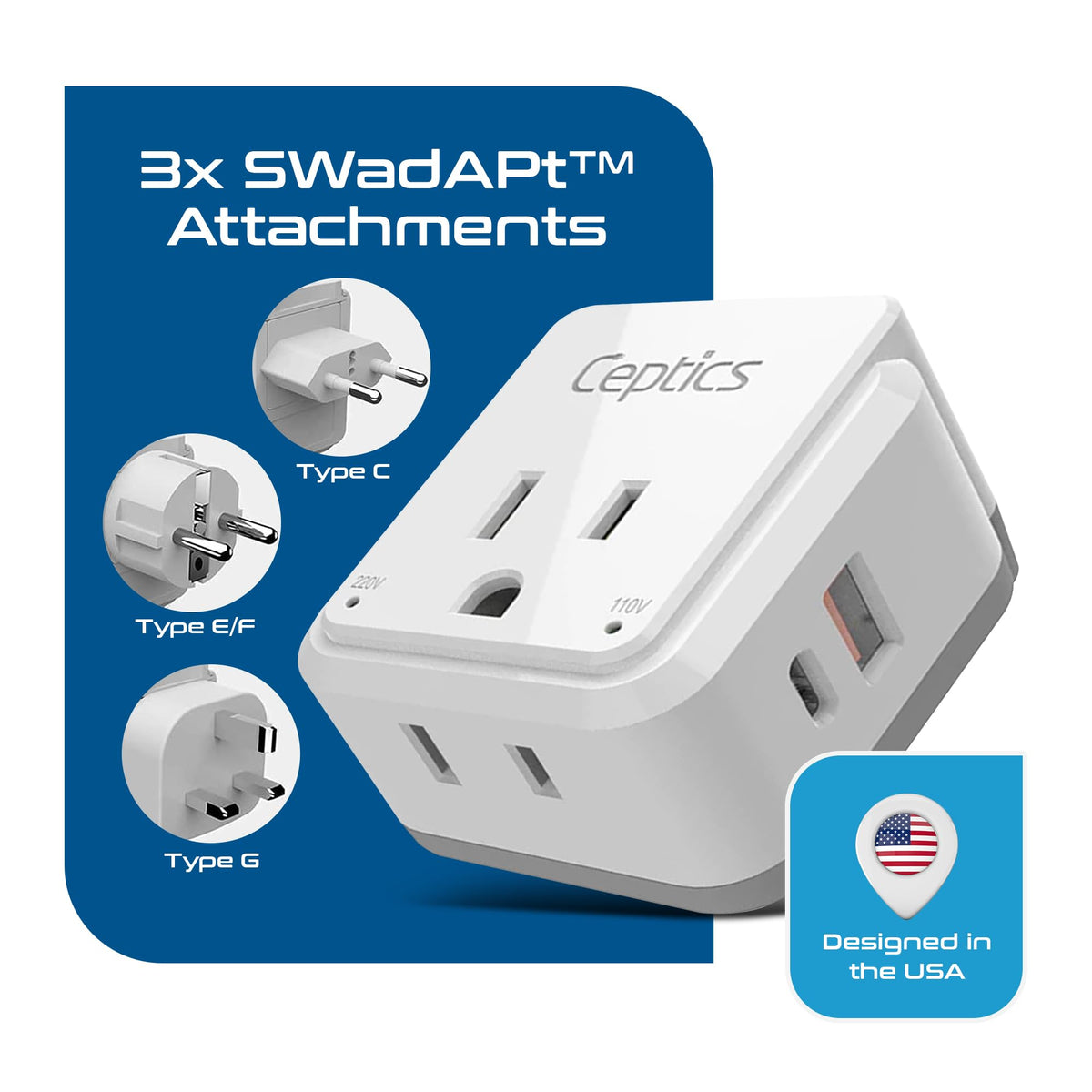 Ceptics adapter showing dual USB ports for multi-device charging