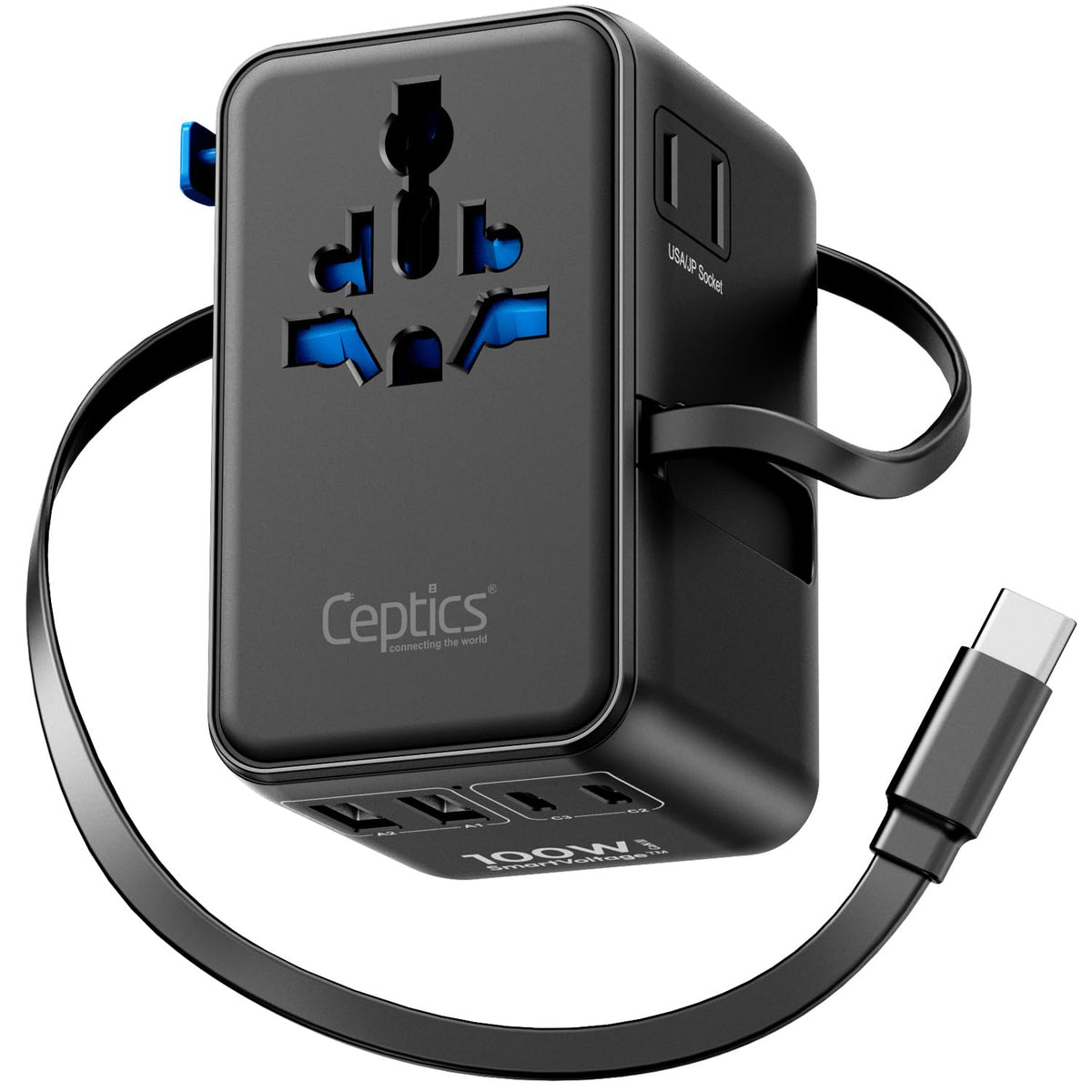 Ceptics GAN 100W adapter with retractable USB-C cable ready for travel