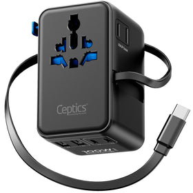 Ceptics GAN 100W adapter with retractable USB-C cable ready for travel