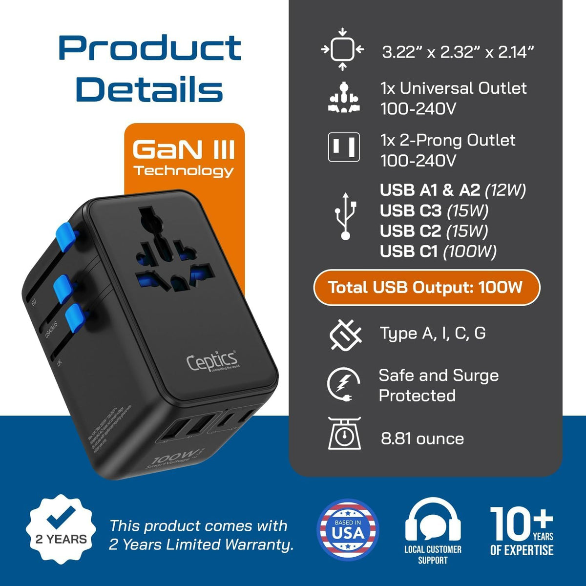 Global compatibility with Type A, C, G, and I outlets