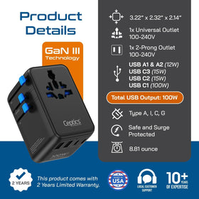 Global compatibility with Type A, C, G, and I outlets