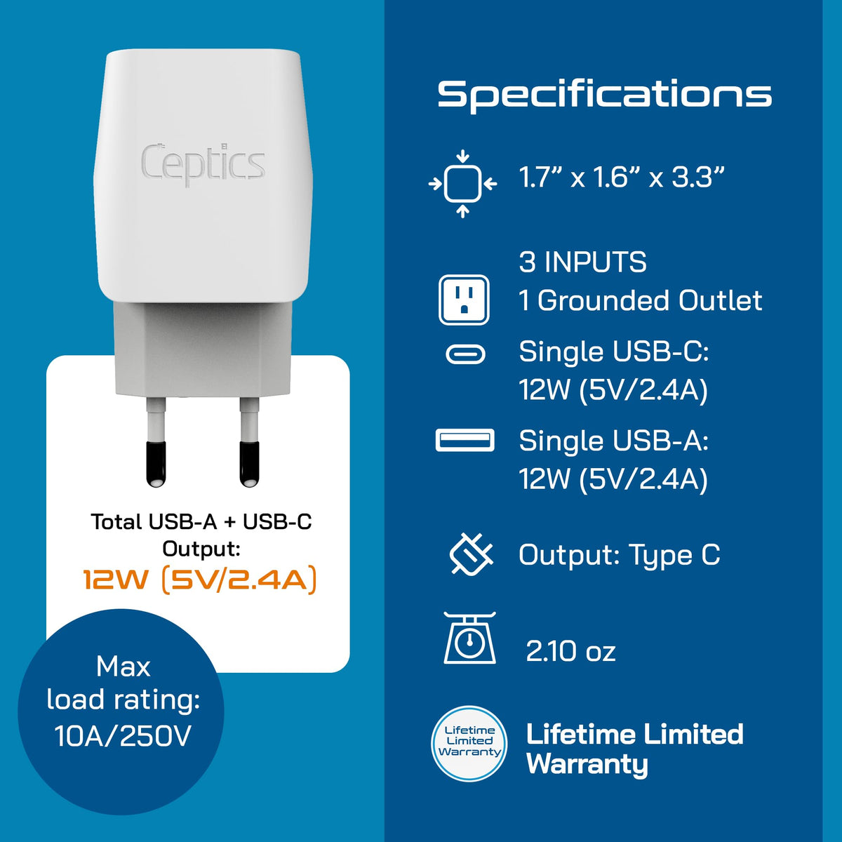 Ceptics grounded Schuko travel adapter for Europe safety and stability