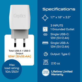 Ceptics grounded Schuko travel adapter for Europe safety and stability