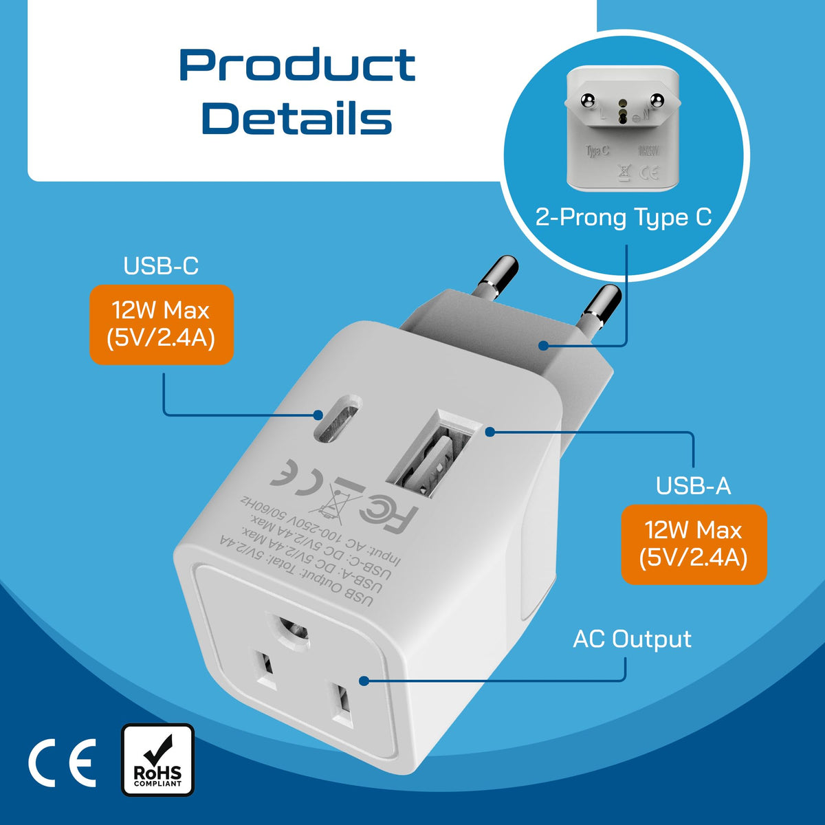 Lightweight Ceptics travel adapter ideal for carry-on.