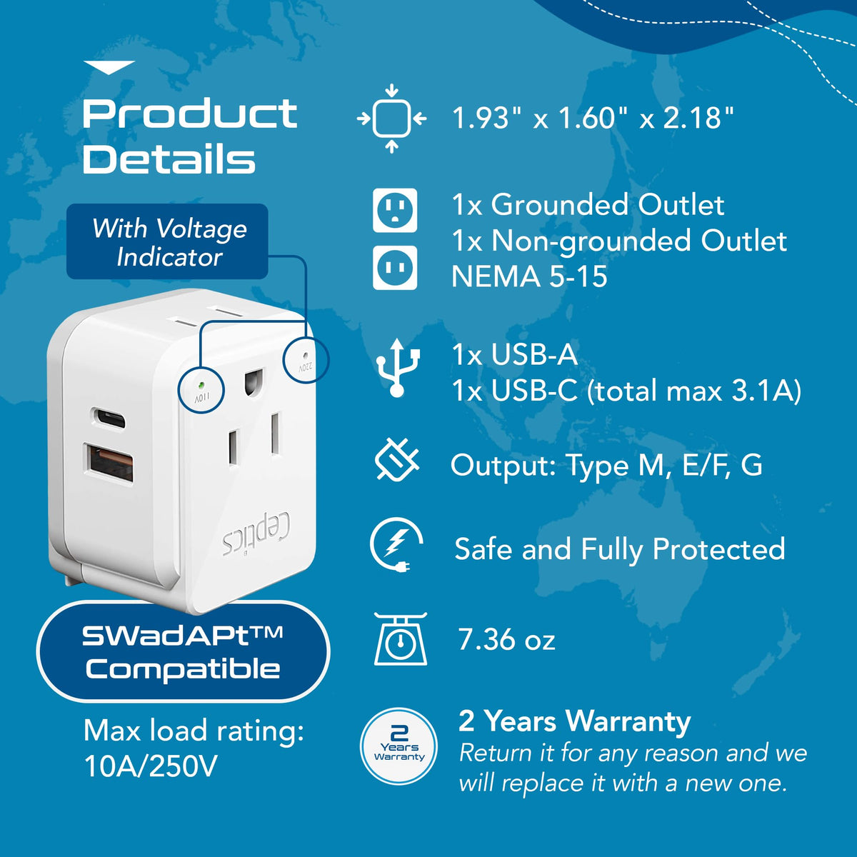 Ceptics compact travel size adapter fits easily in luggage or pocket.