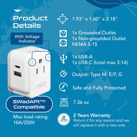 Ceptics compact travel size adapter fits easily in luggage or pocket.