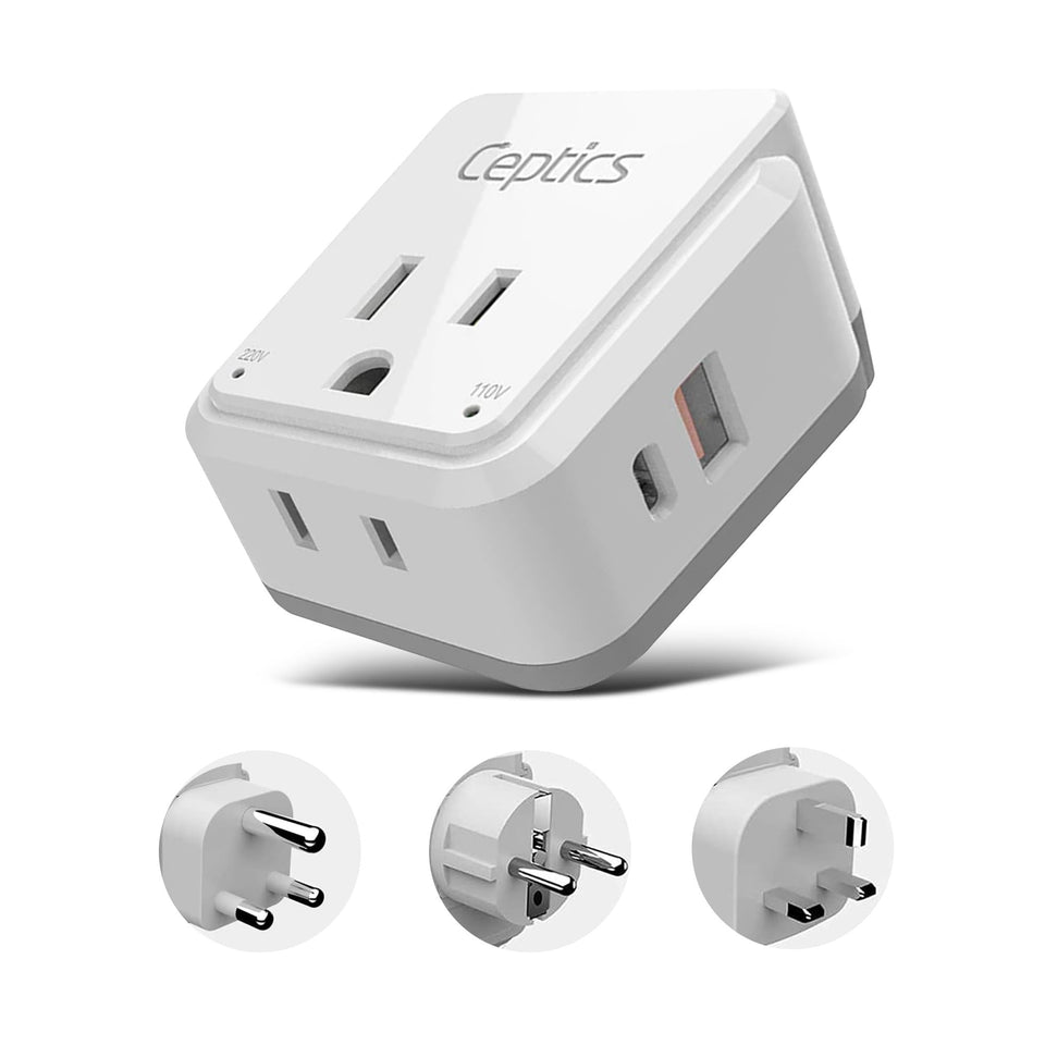 Ceptics South Africa travel adapter front view with dual USA outlets for convenient charging.