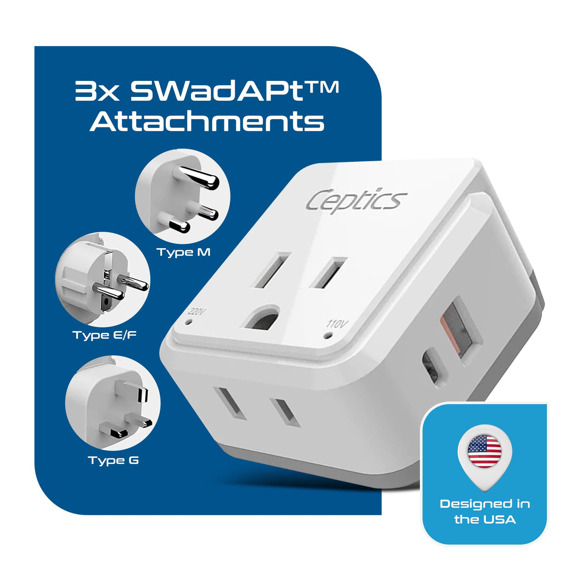 Ceptics adapter LED voltage indicators showing 110V and 220V status.