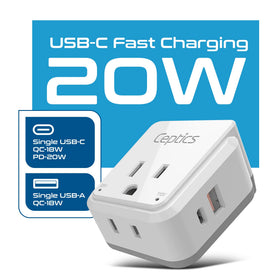 Ceptics travel adapter with dual USA outlets and USB ports for multi-device charging.