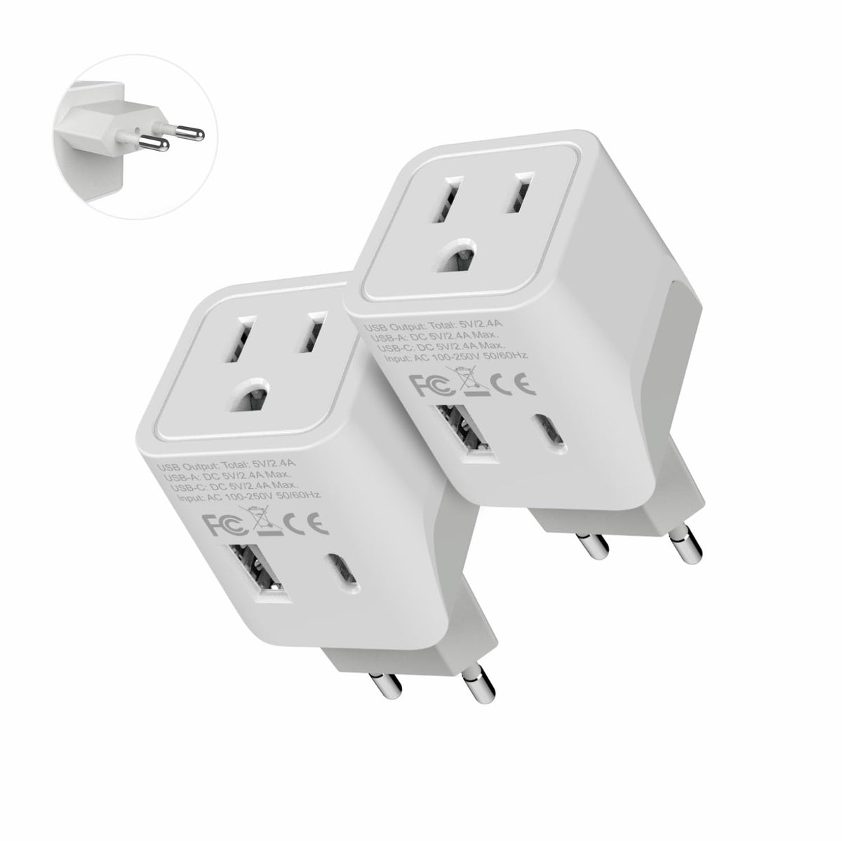 Ceptics travel adapter with dual USB-C ports for European trips.