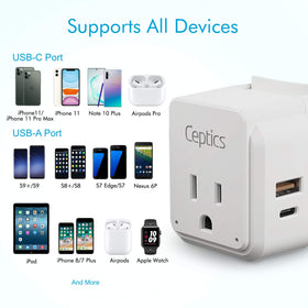 Ceptics includes 13-swappable attachments for versatile country compatibility.