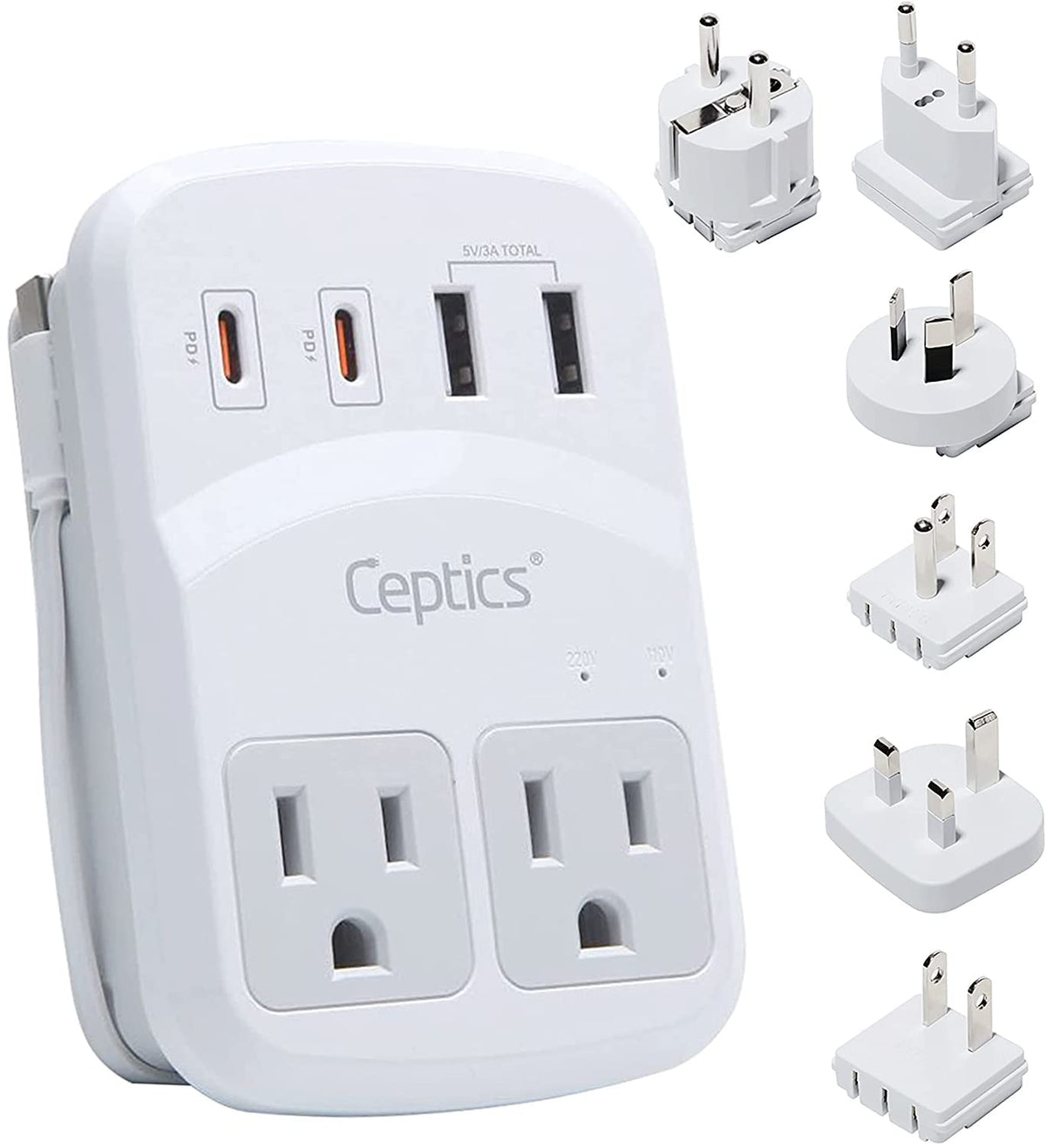Ceptics WPS-5B front ports showing two outlets and USB-C PD ports for global charging