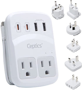 Ceptics WPS-5B front ports showing two outlets and USB-C PD ports for global charging