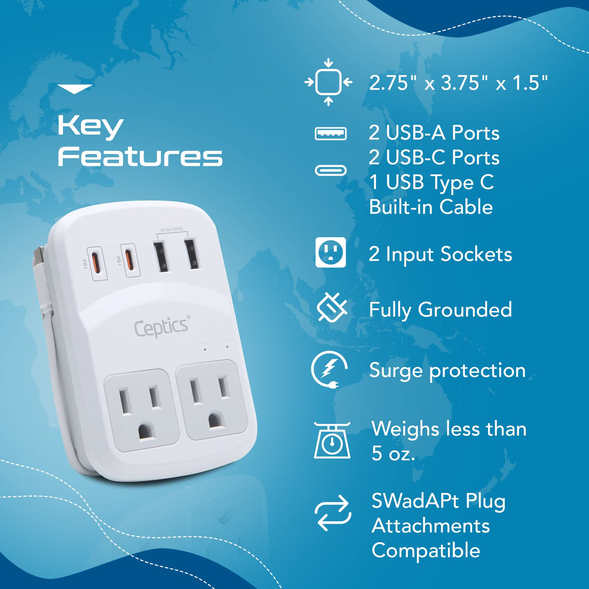 Ceptics WPS-5B suitable for laptops, tablets, and phones during travel